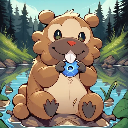 score_9, score_8_up, score_8, furry, Bidoof, Pokemon (creature), brown fur, red nose, buckteeth, cartoon style, 2d, solo, feral, sitting by lake, legs in the water, relaxing, looking at viewer, smile, outside