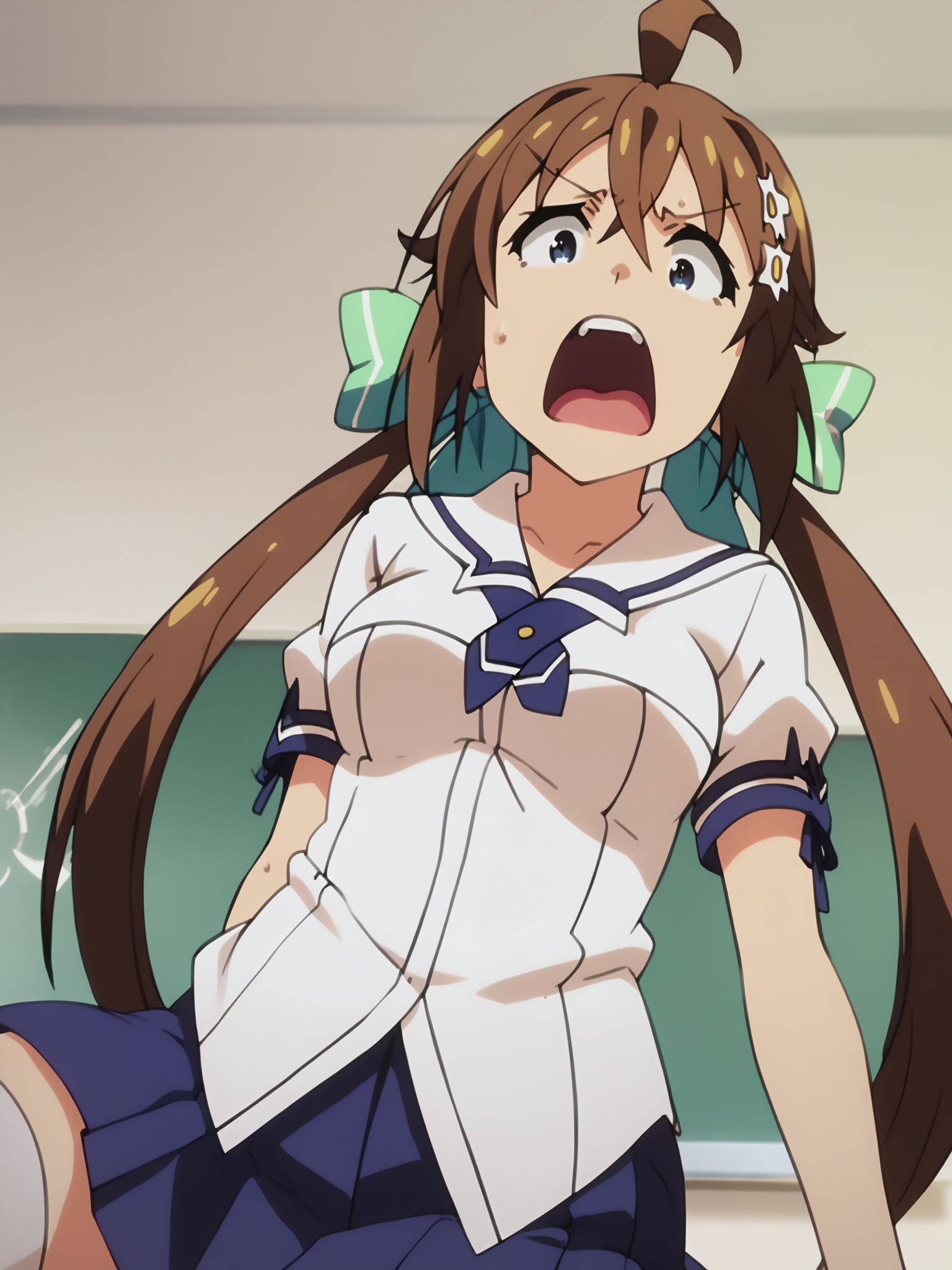 <lora:happy_tentacle-koinaka-mio-v0.1-000030:0.9>, ht_koinaka_mio, school uniform, short sleeves, white shirt, white thighhighs, blue skirt, pleated skirt, zettai ryouiki, school , 1girl, solo, upper body , , screaming , , looking down , sitting , , score_9, score_8_up, score_7_up, score_6_up, score_5_up, score_4_up