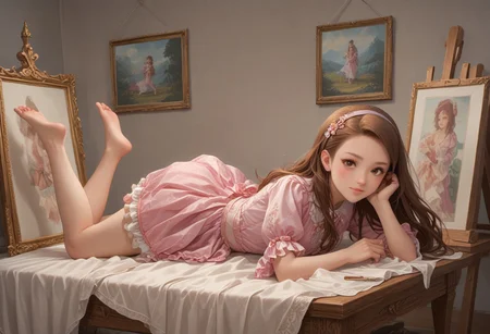 score_9, score_8_up, score_7_up, score_6_up, source_anime, nsfw,
mnsior, petite, longhair, brown hair, forehead, brown eyes, hairband, pink idol dress,
Canvas (object),
Modeling,
1girl 
ass 
barefoot 
breasts 
closed mouth 
hair intakes 
head rest 
indoors 
leg up 
lying 
medium breasts 
modeling 
on stomach 
smile 
solo focus 
the pose