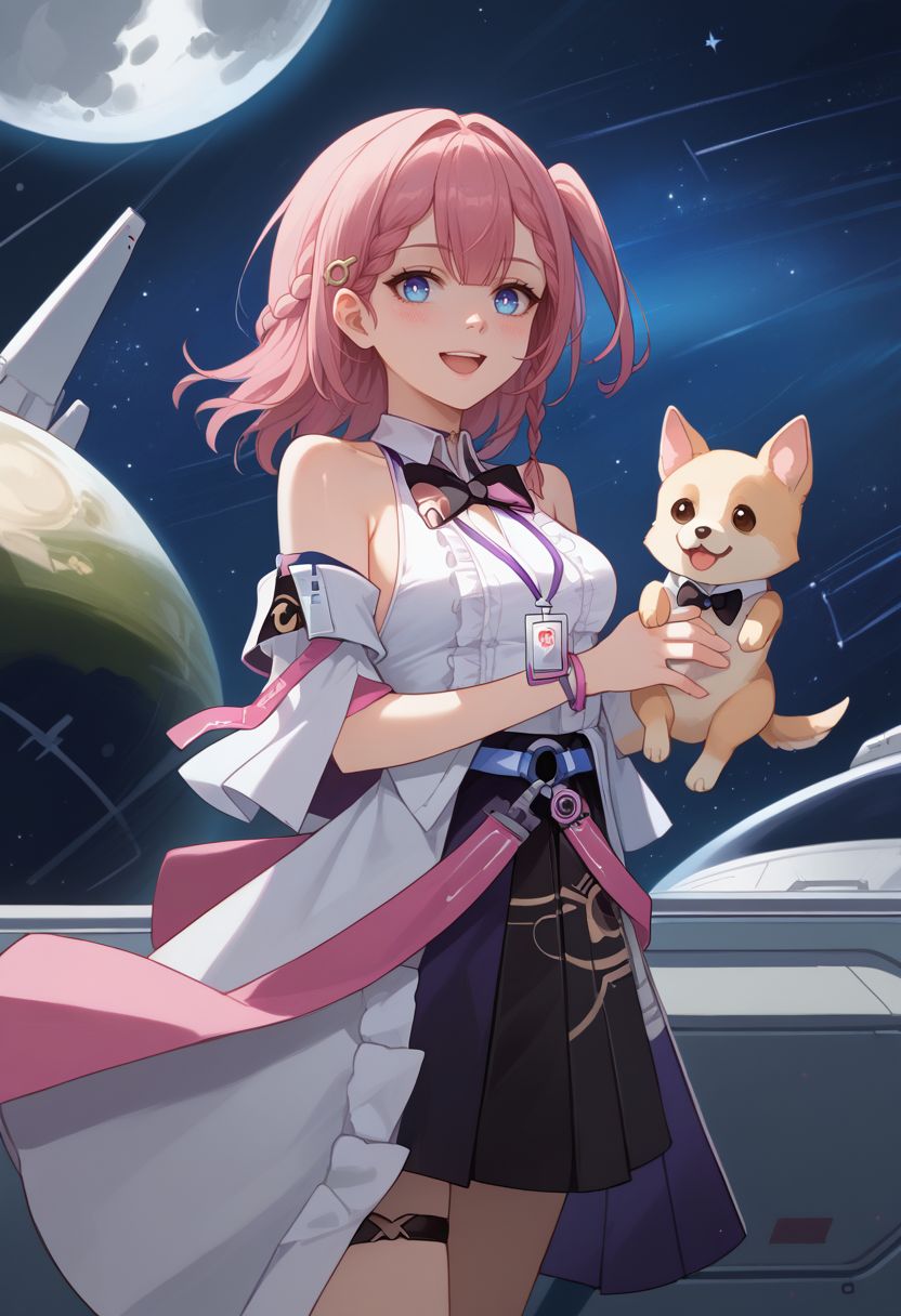 score_9, score_8_up, score_7_up, source_anime, 1girl, astadef, blue eyes, pink hair, medium hair, braid, one side up, hair ornament, hairclip, medium breasts, choker, bare shoulders, detached sleeves, white shirt, sleeveless shirt, collared shirt, black bowtie, id card, bracelet, black skirt, thigh strap, black footwear, high heels, standing, holding animal, dog, open mouth, smile, blush, looking at viewer, space station, spacecraft, starry sky, star \(sky\), moon, facing viewer, <lora:Asta_v1-000010:1>
