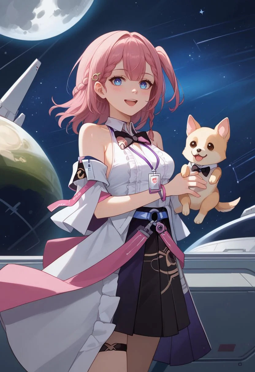 score_9, score_8_up, score_7_up, source_anime, 1girl, astadef, blue eyes, pink hair, medium hair, braid, one side up, hair ornament, hairclip, medium breasts, choker, bare shoulders, detached sleeves, white shirt, sleeveless shirt, collared shirt, black bowtie, id card, bracelet, black skirt, thigh strap, black footwear, high heels, standing, holding animal, dog, open mouth, smile, blush, looking at viewer, space station, spacecraft, starry sky, star \(sky\), moon, facing viewer, <lora:Asta_v1-000010:1>