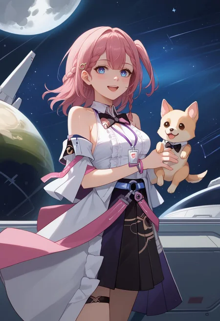 score_9, score_8_up, score_7_up, source_anime, 1girl, astadef, blue eyes, pink hair, medium hair, braid, one side up, hair ornament, hairclip, medium breasts, choker, bare shoulders, detached sleeves, white shirt, sleeveless shirt, collared shirt, black bowtie, id card, bracelet, black skirt, thigh strap, black footwear, high heels, standing, holding animal, dog, open mouth, smile, blush, looking at viewer, space station, spacecraft, starry sky, star \(sky\), moon, facing viewer, <lora:Asta_v1-000010:1>