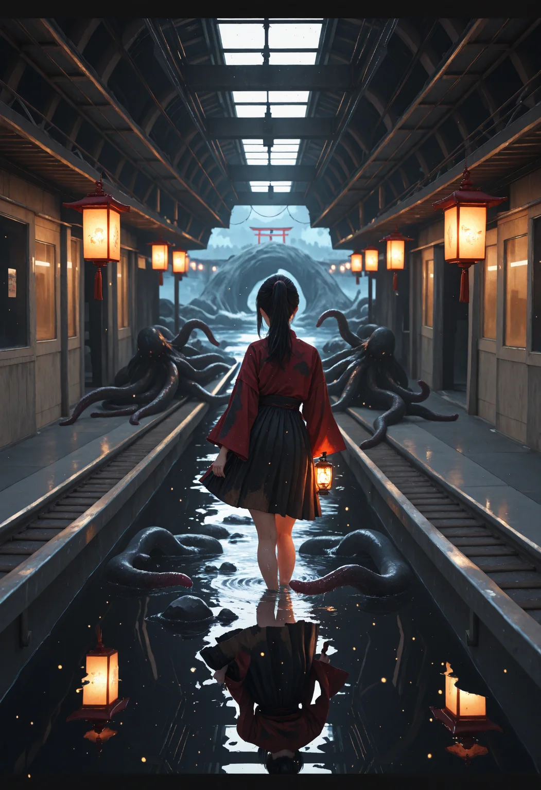 (depth of field, bokeh, highly detailed, textured clothing, absurdres, masterpiece, high_quality, newest, incredibly_absurdres, very_aesthetic, depth_of_field, blurry, blurry_background, bloom, blender_\(artwork\), zbrush_\(artwork\), digital_painting_\(artwork\) light_particles, raytraced, volumetric_lighting)
(1girl, liminal_space, letterboxed, dripping, red_corruption, black_corruption, slime_\(substance\), wind_lift, windy, dark_theme, horror_\(theme\), eldritch_abomination, tentacles, size_difference, contrapposto, painterly, wading, water, reflection, black hair, ponytail, long_hair, inside, subway_station, subway, underground, rapid_transit, railroad_tracks, concrete_floor, concrete_wall, scenery, water, japanese_clothing, short_skirt, wide_sleeves, torii, lantern, holding_lantern, skylight, architecture)