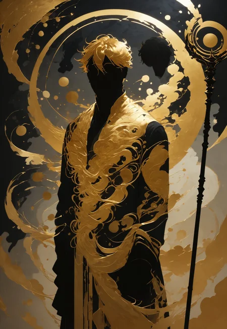 score_9, score_8_up, score_7_up, silhouette_with_gold_foil, 1boy, halo, very long hair, (hair between eyes:1.2), faceless male, golden hair, solo, slender body, looking at viewer, fantasy, greek clothes, robes, holding staff, abstract