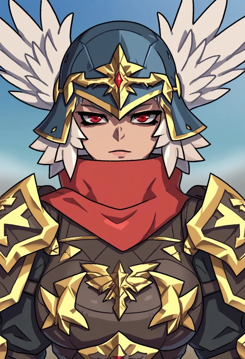 ponaners,
1girl, solo, breasts, armor, feathers, gold trim, helmet, looking at viewer, red eyes, scarf, short hair, shoulder armor, upper body, valkyrie, winged helmet