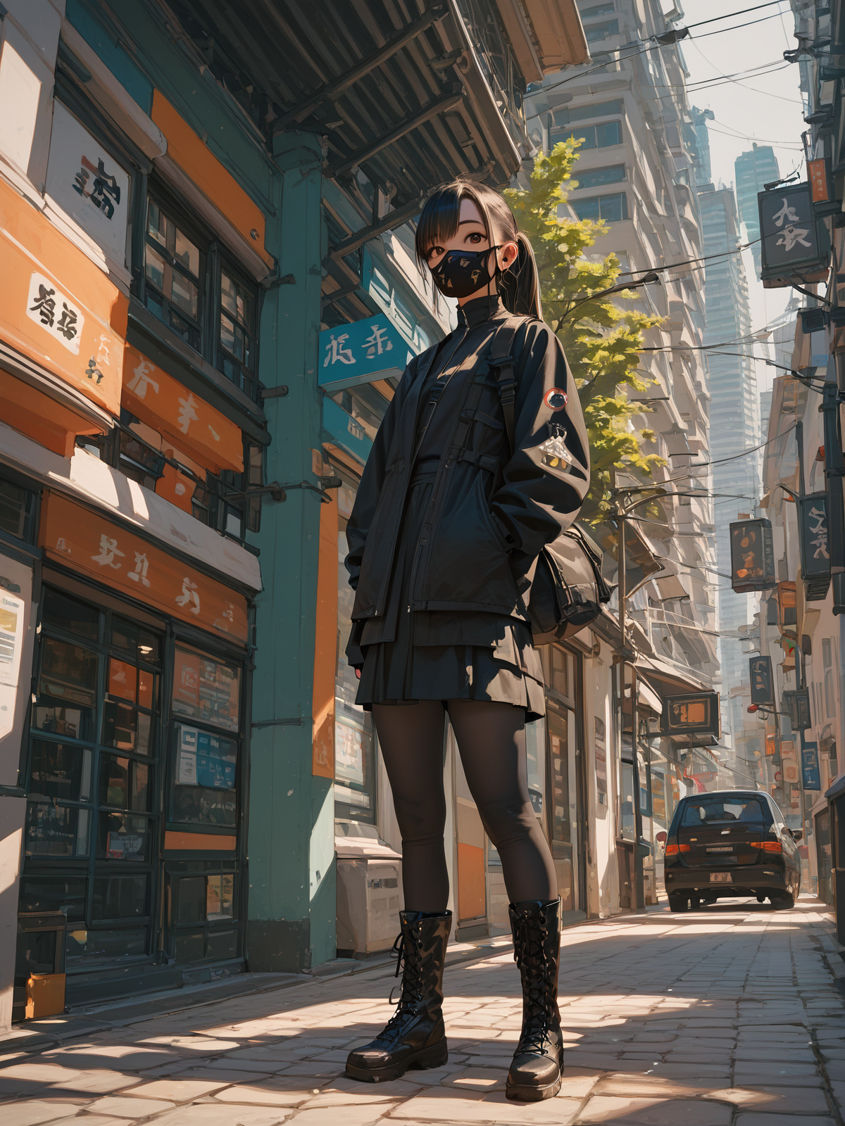 score_9, score_8_up, score_7_up, PDXL, <lora:sc3n3ryXLP:0.5>, <lora:TechwearV1:0.75> , techwear, dark clothing, full body, 
1girl, japanese, cute face, detailed eyes, long black hair in a ponytail, black facemask, knee high black boots, standing in the middle of a city