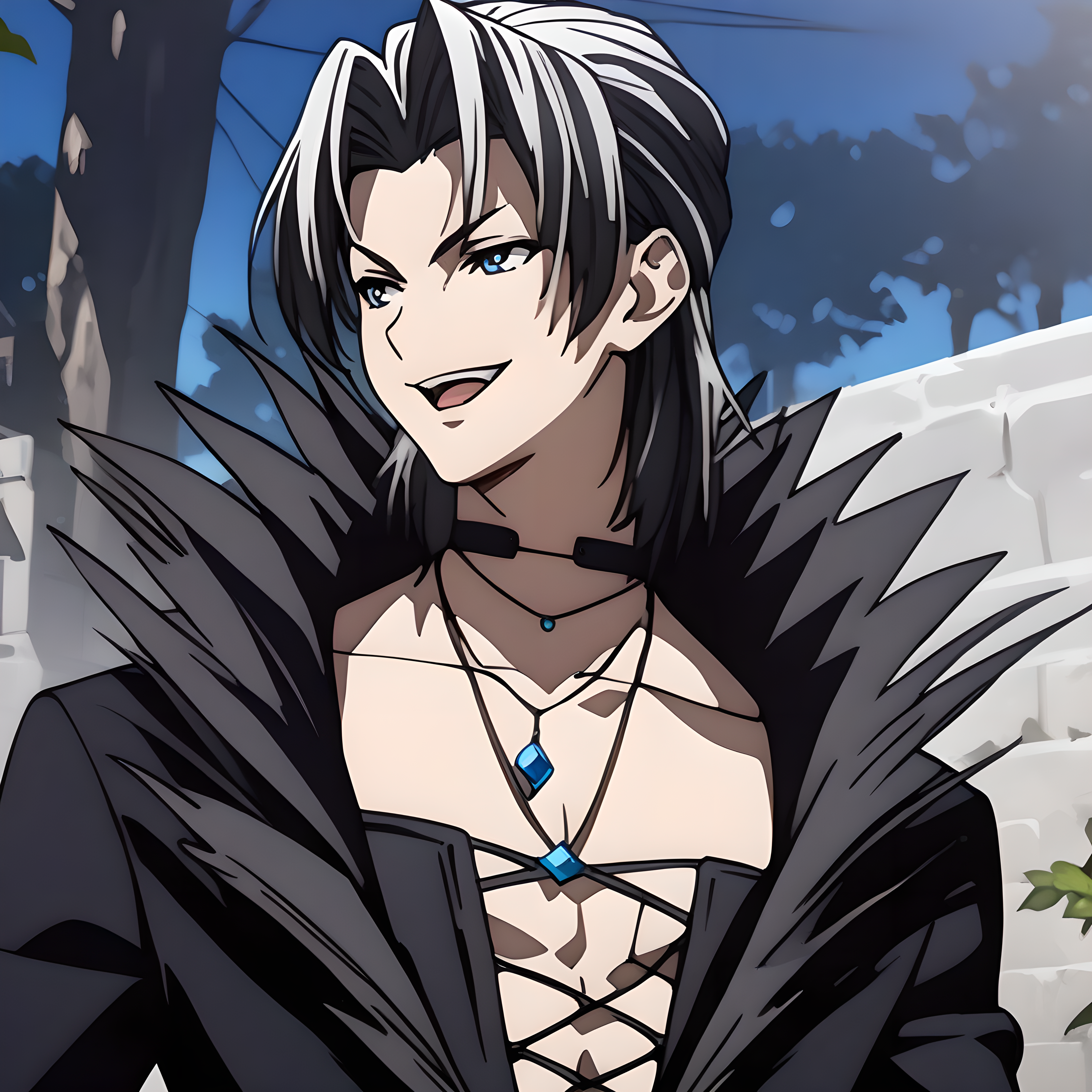 (masterpiece),(best quality),(ultra-detailed),(best illustration),(best shadow),(absurdres),(detailed background),(very aesthetic), creed diskenth, 1boy, male focus, blue eyes, solo, jewelry, black hair, necklace, smile, open mouth, choker, outdoors, smirk,<lora:creeddiskenthv1:1>
