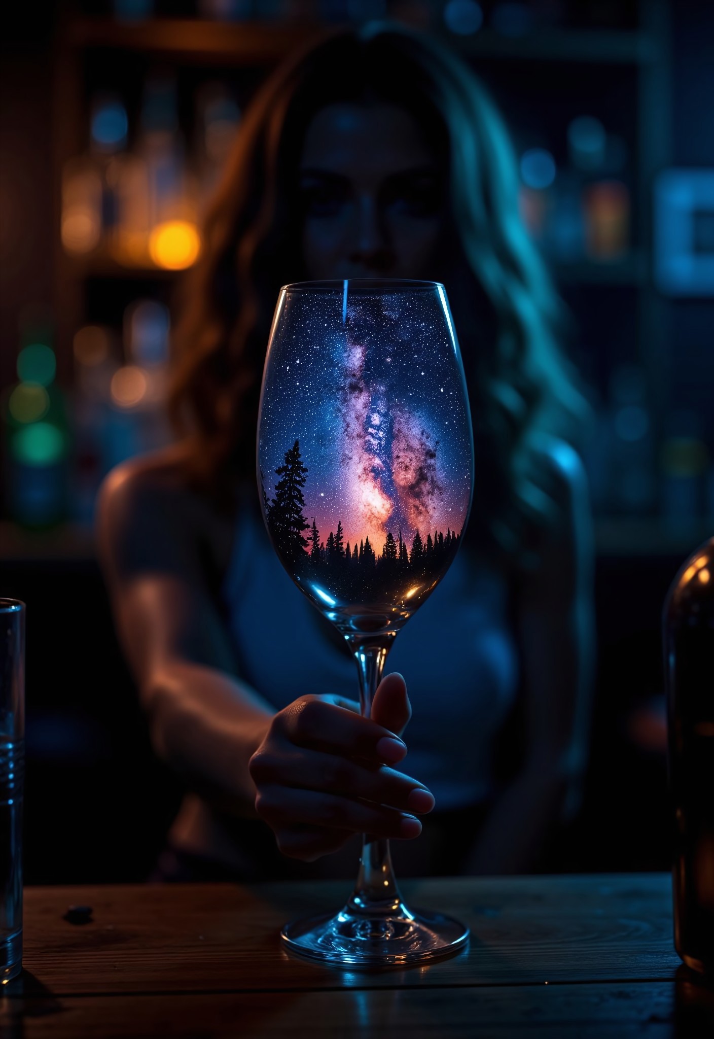 aidmaHyperrealism, aidmaimageupgrader, they glow at night, a high quality digital image of a highly detailed dank old bar, the bar is dark and grimy with lots of shadows, we see a woman mostly hidden by shadow holding up a wine glass for inspection,  the glass contains an intricately detailed galaxy, within the galaxy we see a variety of stars, nebulae and galactic dust detailed in bright and vivid colours