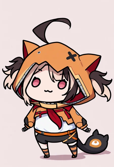 masterpiece, best quality, 1girl, solo, GigiBase, pink eyes, multicolored hair, short twintails, ahoge, animal hood, hood up, orange jacket, cropped jacket, white shirt, black gloves, fingerless gloves, black shorts, single thighhigh, striped thighhigh, tail, chibi, dot eyes, :3, smile, <lora:ChamGigiMurinIllustriousXL:1>, <lora:style_walfie_illustriousXL-GLoRA:1>