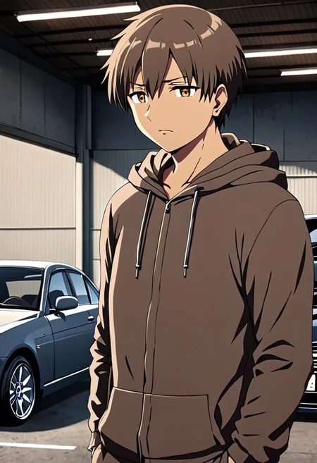 high resolution, solo, best quality, 1Boy, Takaki Toono, Brownish Hair, Brown Eyes, lounge suit, hoodie, car garage, OverallDetail