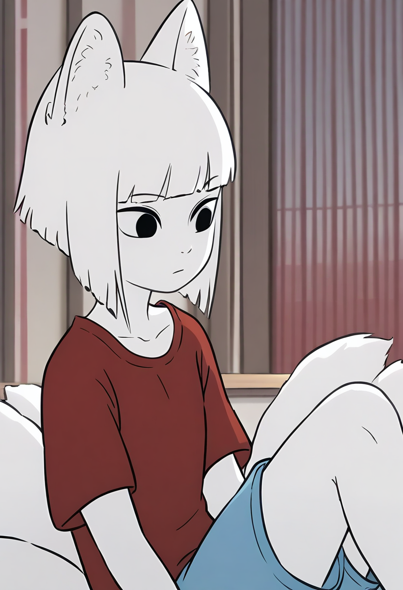 <lora:jiuyue:1>,jiuyue,1girl,solo,fox girl,animal ear fluff,black eyes,white hair,white skin,short hair,blunt bangs,fox tail,
shirt,red shirt,short sleeves,shorts,blue shorts,, masterpiece,best quality,amazing quality,absurdres, anime screenshot,