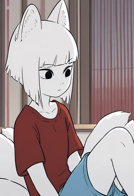 <lora:jiuyue:1>,jiuyue,1girl,solo,fox girl,animal ear fluff,black eyes,white hair,white skin,short hair,blunt bangs,fox tail,
shirt,red shirt,short sleeves,shorts,blue shorts,, masterpiece,best quality,amazing quality,absurdres, anime screenshot,