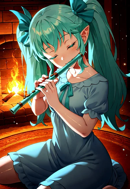 masterpiece, newest,absurdres, incredibly absurdres, very aesthetic, 1girl, catFHLaya, (adult), small breasts
, (colorful, golden theme, glow)
, close-view, cowboy shot, head tilt, from above, from side
, blue nightgown, puffy short sleeves, neck ribbon, aqua ribbon
, twintails, hair ornament
, blush, peaceful expression, gentle smile, perfect detailed eyelashes, closed eyes
, wariza, flute, instrument, playing instrument, 
, (anime coloring:1.2)
, ultra-detailed-eyes, soft skin, shiny skin, shiny hair
, looking at viewer
, perfect anatomy, perfect hands
, inside, simple bedroom, night, light, carpet
, backlighting, chimney, fire, particles, depth of field, 
,  <lora:catFHLaya.v10_IL.v01:0.9>
,  <lora:DetailedPerfect_hands_r1:0.8>