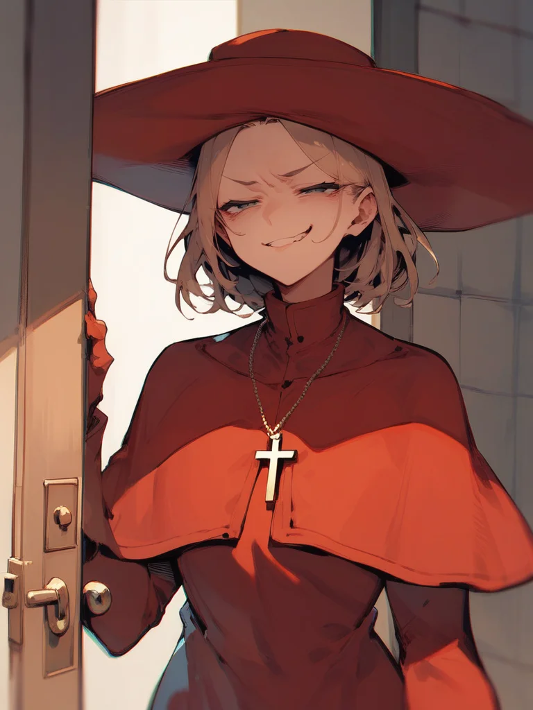 score_9,score_8_up,score_7_up,source_anime,1girl,<lora:spanish_inquisition_pony:1>,spanish inquisition,upper body,smug,opening door,hands on door,face focus,