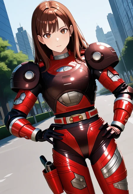 1girl, solo, R3ddle, armor, bodysuit, shoulder pad, gloves, belt, holster, brown hair, brown eyes, cowboy shot, dutch angle, looking at viewer, shiny clothes, hand on hip,
outdoors, city,
best quality, very aesthetic, masterpiece,