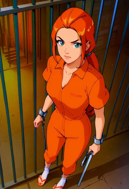 Score_9, score_8_up, score_7_up, anime style, ultra detailed, prison cell background, Excellent quality, high resolution, cowboy shot,, 1woman, solo, neutral expression, tssam, long hair, orange hair, low ponytail, blue eyes, short sleeves, orange jumpsuit, thin orange pants, slight cleavage, in a prison courtyard, matted hair, orange flip flops, white socks, ankle cuffs, standing, Clinging on prison bars, holding onto prison bars, behind bars, amazing shading, view from slightly above, closeup, looking at viewer