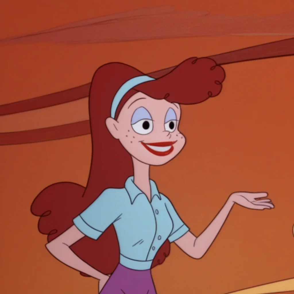 score_9, masterpiece, 1girl, Solo, female focus, Linda_CaC, light skin, black eyes, dark red hair, long wavy hair, freckles, light violet eyeshadow, red lips, light blue headband, light blue short sleeve shirt, purple skinny pants, flat red shoes, big eyes, tall stature, standing, room background, looking at viewer, perfect eyes, detailed eyes, smile, bust shot, close up to face, face portrait