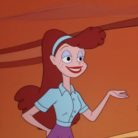 score_9, masterpiece, 1girl, Solo, female focus, Linda_CaC, light skin, black eyes, dark red hair, long wavy hair, freckles, light violet eyeshadow, red lips, light blue headband, light blue short sleeve shirt, purple skinny pants, flat red shoes, big eyes, tall stature, standing, room background, looking at viewer, perfect eyes, detailed eyes, smile, bust shot, close up to face, face portrait