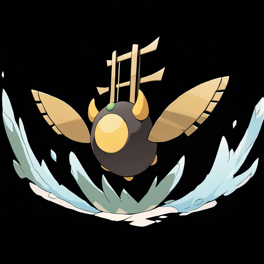<lora:pokemon_pony_xl:1>, watercolor creature art like pokemon, Type: Fire, Type: Ice, Egg Group: Water 2, is a pokemon creature that The creature's sigh releases a White mist that can cause plants around it to bloom out of season,Its yawn creates a Bronze ripple in the air a visible sign of its deep connection to the Flying forces,The animal's antlers are adorned with Bronze orbs that store magical energy,A tail that sways like a pendulum, keeping the rhythm of time and the balance of the world,The Bronze shadows that play at its feet are not dark but light, a dance of the sun's rays through the leaves, a play of life and movement score_9, score_8_up, score_7_up, score_6_up, score_5_up, score_4_up.  Simple black background, (Masterpiece:1.3) (best quality:1.2) (high quality:1.1)