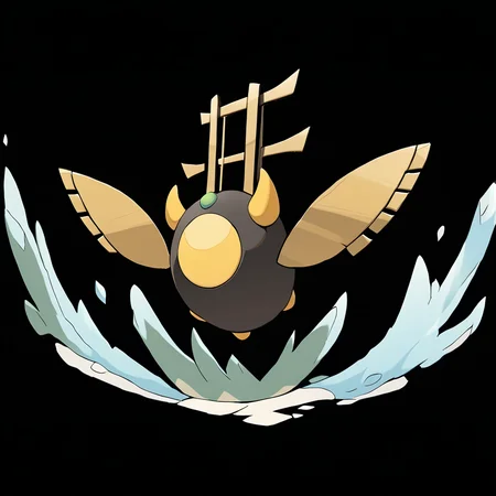<lora:pokemon_pony_xl:1>, watercolor creature art like pokemon, Type: Fire, Type: Ice, Egg Group: Water 2, is a pokemon creature that The creature's sigh releases a White mist that can cause plants around it to bloom out of season,Its yawn creates a Bronze ripple in the air a visible sign of its deep connection to the Flying forces,The animal's antlers are adorned with Bronze orbs that store magical energy,A tail that sways like a pendulum, keeping the rhythm of time and the balance of the world,The Bronze shadows that play at its feet are not dark but light, a dance of the sun's rays through the leaves, a play of life and movement score_9, score_8_up, score_7_up, score_6_up, score_5_up, score_4_up. Simple black background, (Masterpiece:1.3) (best quality:1.2) (high quality:1.1)