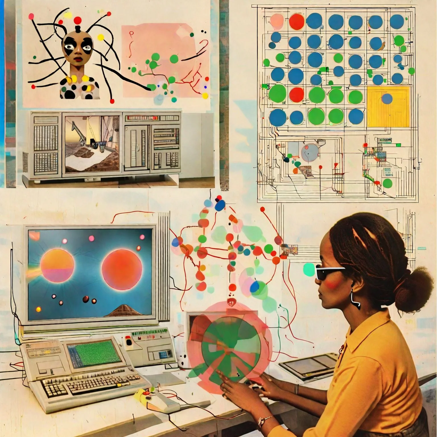 a photography of a afroamerican woman with a computer and robots in the laboratory, promptingchanges a abstract joan miro about sunset meme anime eyes a satelite diagram and wireframe .<lora:prompting_changes:1> <lora:SDXL_MSPaint_Portrait:0.88>