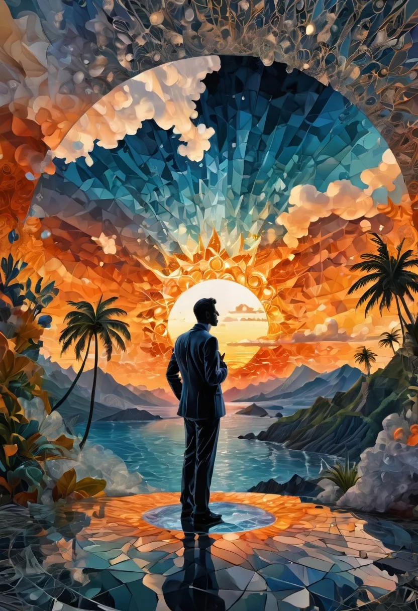 silhouette of man, full body, dressed in a smoking made of crystals , amazing depth, building, cloud, cloudy sky, dusk, evening, fire, gradient sky, lens flare, mountain, ocean, orange sky, palm tree, plant, scenery, sky, sun, sunlight, sunrise, sunset, tree, twilight, water, surreal, pattern, geometric patterns, intricately detailed, perfectly balanced, deep fine edges, artistic photorealism,photorealism, vivid colors,, 8K, UHD, many details, extreme detailed, full of details, BadDream, SoraSleepAI, Circle