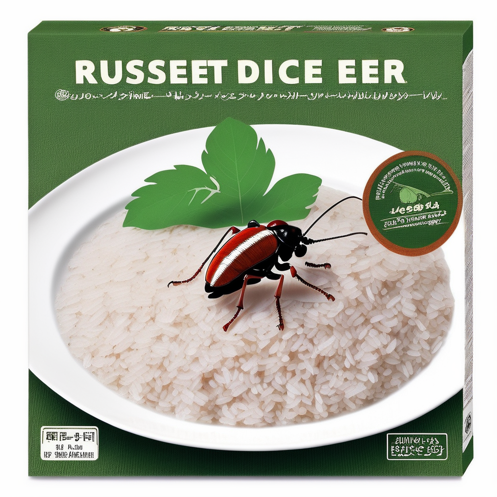 A packaged cooking kit designed for preparing raw insect rice. The box should be eco-friendly and visually appealing to attract health-conscious and adventurous eaters. The English product name, such as 'Insect Rice Culinary Kit,' should be prominently displayed on the box. Imagery on the box could include illustrations or photos of the raw insects and rice grains, perhaps arranged in a stylish and appetizing manner. The color scheme should evoke natural and organic vibes, possibly using earth tones or shades of green and brown. Additional text could include cooking instructions, nutritional facts, and benefits of eating insect-based foods, <lora:tlbv1:0.7>  , <lora:Grit-SDXL:0.8> grit, rust, stains
