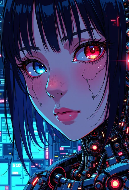 <lora:ck-nc-cyberpunk-V2-000013:1>, digital illustration, inksketch, anime art, in the style of cknc, in the style of goro fujita,
close-up of a wabi sabi woman’s eyes, each glowing with an ethereal, otherworldly light—one crimson red, the other electric blue. The skin around her eyes is a fusion of porcelain and gleaming chrome, evoking the essence of perfection. Her pupils are shaped like shattered halos, giving her a celestial yet corrupted aura. Faint, smoky shadows swirl in the background, merging industrial grit with divine radiance. The lighting casts a dramatic chiaroscuro effect, highlighting every crack and metallic sheen. Her lashes are mechanical, delicate yet sharp, glinting in the dim neon glow of a cyberpunk dystopian cityscape.
<lora:RetroAnimeFluxV1:0.3>