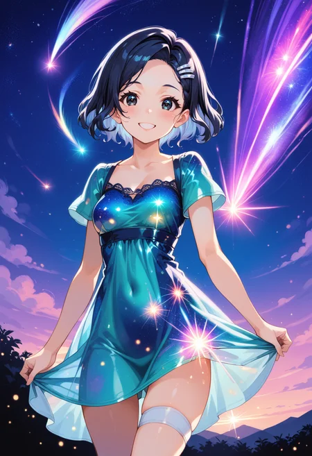 (score_9, score_8_up, score_7_up, masterpiece,source_anime, best quality, perfect anatomy, very aesthetic, ((outlined outlined vector graphics)), source_anime,
1girl,20yo, black hair, black eyes, short bob hair, hair pin,small breast, slender,(white thigh strap:1.1),(black clohtes:1.1),,outdoors, blush, cowboy shot, galaxy, gradient sky, glittering, glimmering, glowing , aetherical, looking at viewer, milky way,starry night, night, night sky, shooting star, sky, skyline, smile, solo, star \(sky\), star \(symbol\), starry background, starry sky, starry sky print,starrynightdress, starry night dress,aqua dress,,( short sleeve dress:1.2),
<lora:starry-night-dress-01:1.3>