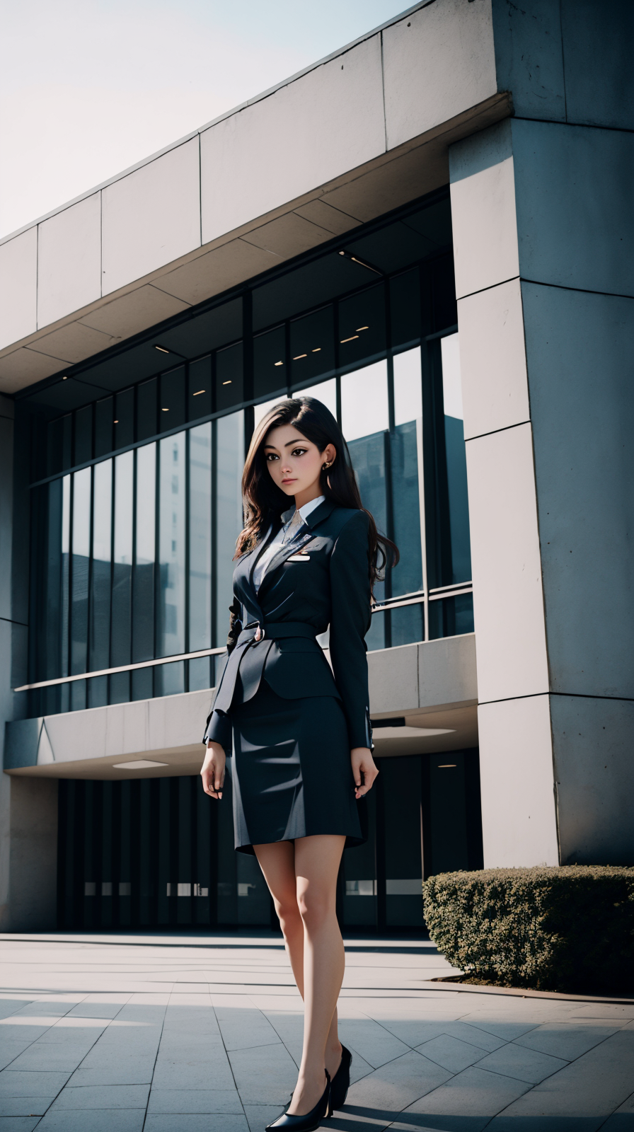 masterpiece, high detailed, high quality, portrait of 1girl in work clothing, in front of empty modern building scene,  <lora:ToonModernBuilding:0.8>