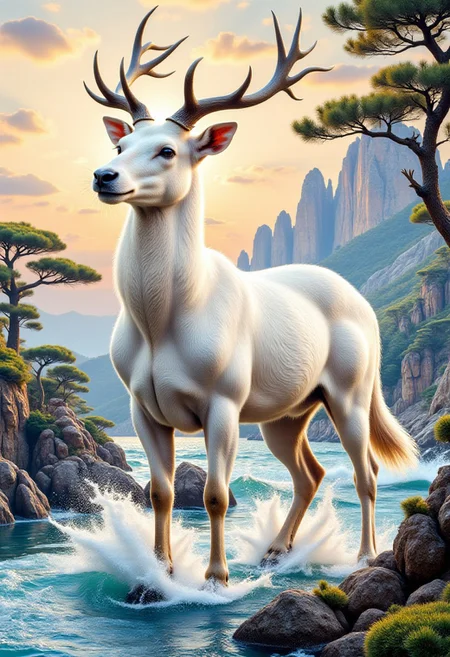 fo,Chinese painting,A divine beast resembling a white deer, with four delicate horns and graceful and agile movements. It has a habit of liking water. Whenever it appears, water vapor lingers in its corners, and wherever it goes, there will be floods, as if it were the embodiment of a water marsh. It has both the beauty of vitality and the omen of disaster