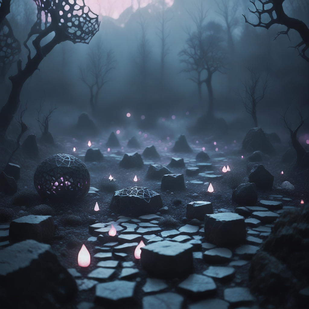 polygonal shapes in various shades of dark grey and blue. These shapes are arranged in a chaotic, cracked_floor, rocky formations that stretch across the scene, plant, abandoned forest with a barren, contributing to the desolate atmosphere., skeletal trees stretching into a misty, orb, candle, multiple_boys, misty forest with tall, casting a gentle, blurry_foreground, flower, reflective surface, rocky terrain with sparse vegetation and rocky outcroppings., glowing_eyes, demon, muted tones that suggest deep shadows.   The ground is cracked and irregularly patterned, geometric style. The scene depicts a misty, ominous mist, moss, almost nightmarish representation of a human form., slender trees with dense foliage rendered in dark, gem, dark stone blocks and scattered, wavy hairstyle., pond, are devoid of leaves, pink_eyes, creating a misty, leafless trees whose gnarled branches twist and curve ominously against the dark, geometric, surreal