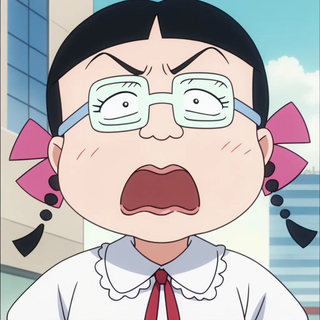 score_9, score_8_up, score_7_up BREAK MigiwaSan, 1girl, black hair, black eyes, blunt bangs, braided pigtails, pink ribbons, square crystal glasses, pink lipstick, white-collared pink long-sleeved shirt, face view, face closeup, solo, solo focus, female, female focus, screenshot, official art, parody, anime footage, official design, screencap, anime screenshot, official screenshot, 2d, anime, source_anime, angry at viewer, furious, city outdoors, city background,