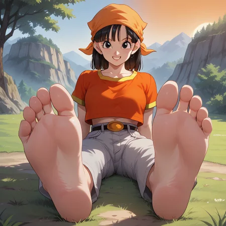 score_9, score_8_up, BREAK, (masterpiece:1.4), (best quality:1.2), solo, perfect anatomy, accurate anatomy, perfect feet, perfect soles, PONYXL_WaifuFeetPics_ownwaifu, 1girl, (pan from dragon ball GT), high quality best quality, (high detail), adorable face, orange bandana, short sleeves red crop top, grey jeans, grey fingerless gloves, stomach exposed, navel, adult woman, mature woman, breasts, sexy pose, self portrait, smile, outdoors, sunlight, shadows, evening lighting, natural lighting, forest, trees, grass, orange sky, sunset, (((sitting, barefoot, foot focus, feet, soles)))