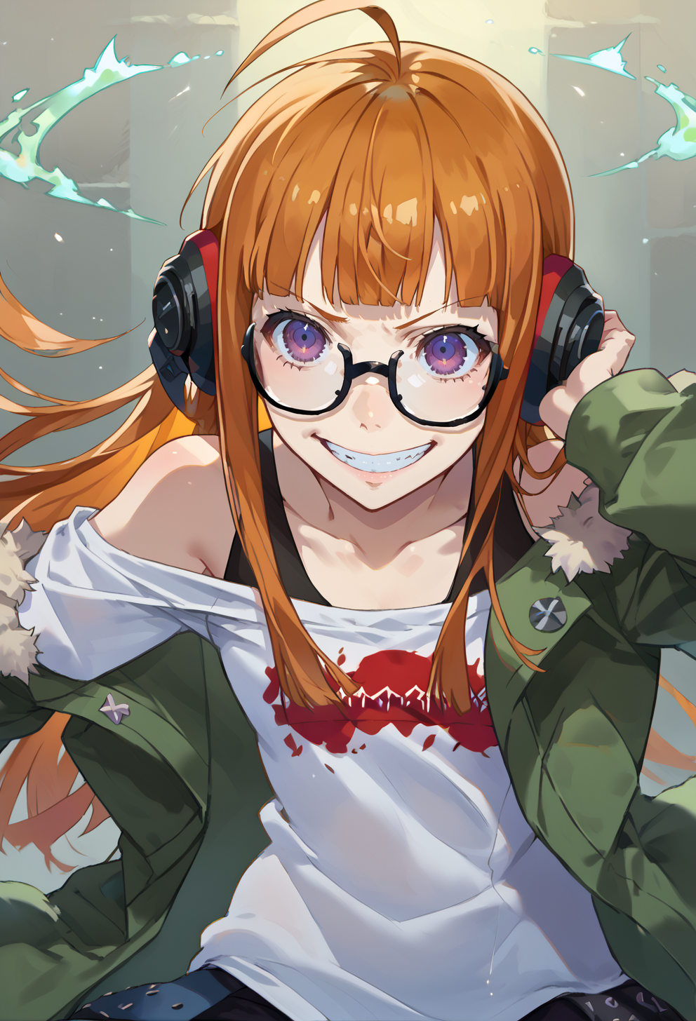 score_9, score_7_up, source_anime, BREAK  <lora:Taiki Dendro:0.9> taiki, art, solo, <lora:zs_FutabaXL:1> futabadef, orange hair, long hair, blunt bangs, glasses, ahoge, purple eyes, behind-the-head headphones, white shirt, green fur-trimmed jacket, off shoulder jacket, black shorts, black thighhighs, black knee boots, facing viewer, grin,
