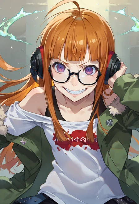 score_9, score_7_up, source_anime, BREAK  <lora:Taiki Dendro:0.9> taiki, art, solo, <lora:zs_FutabaXL:1> futabadef, orange hair, long hair, blunt bangs, glasses, ahoge, purple eyes, behind-the-head headphones, white shirt, green fur-trimmed jacket, off shoulder jacket, black shorts, black thighhighs, black knee boots, facing viewer, grin,