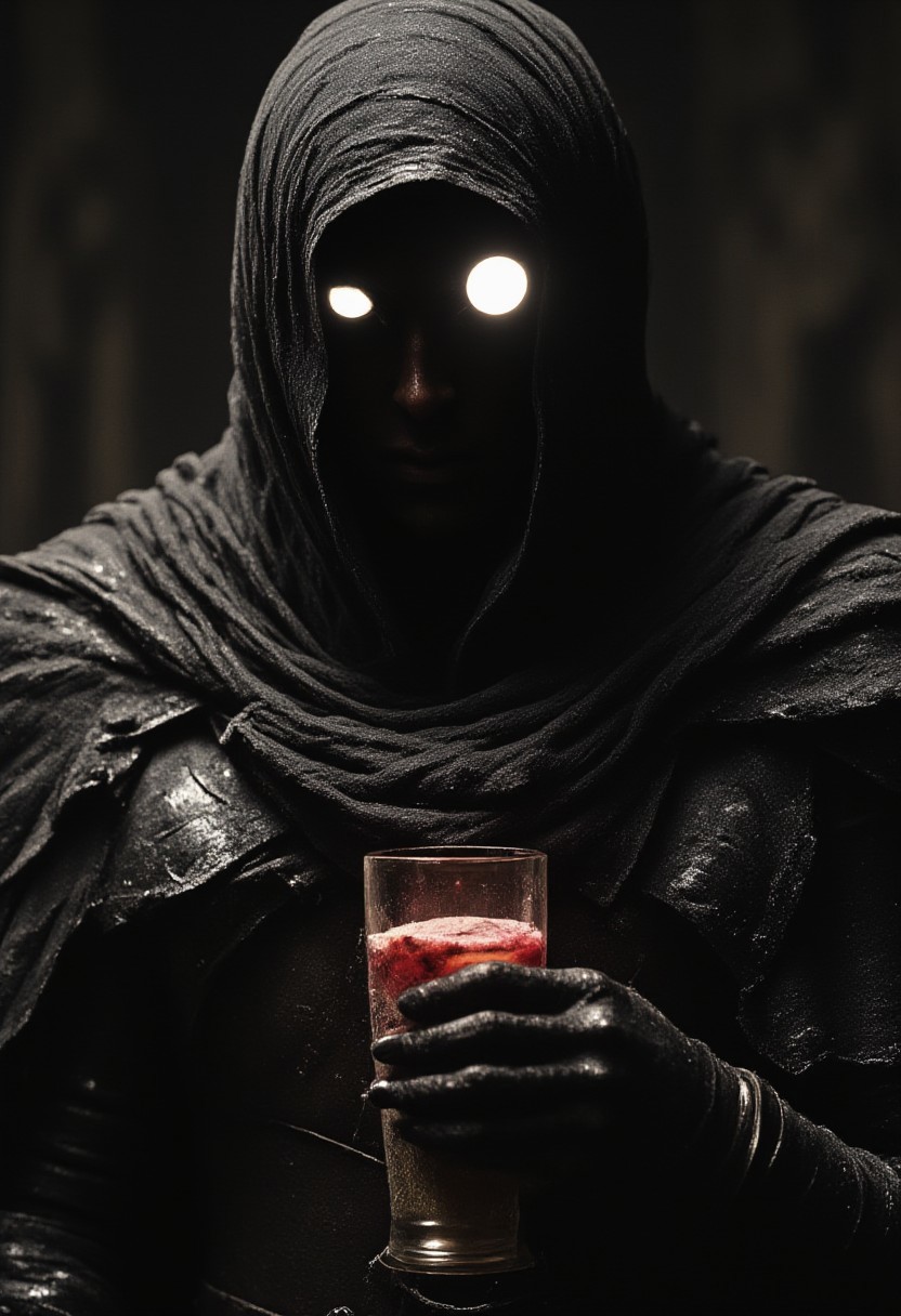 CloseUp of the No Face, DARK movie still, heavy Film grain, monochrome with Low Key color Highlights, 1girl, A dystopian DARK villain Photo Closeup Portrait of hkstyle dystopian Knight Holding luminous vibrant Colorful bubble-tea, No Face, Face lines, White glowing eyes, billowing Long wide hood, outworn Cape and armored suit, in pain, dust, dirt, gritty, Film Noir Style, high contrast, deep blacks, vibrant Red and White/beige Pop art elements, soothing bleaked atmospheric lighting, eye-trail,