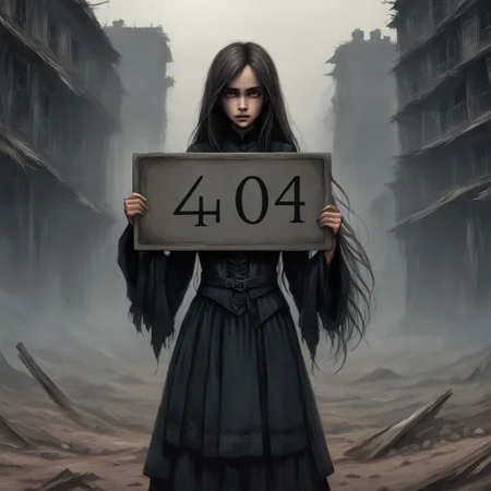 (((Ultra detailed, Megapixel)))
1girl, (((holding out a sign with number "404"))), by charlie bowater and dan mumford and trevor Brown, hands, terror, gloomy, dark, blank face, no face, wasteland background, no mouth, no eyes, long hair