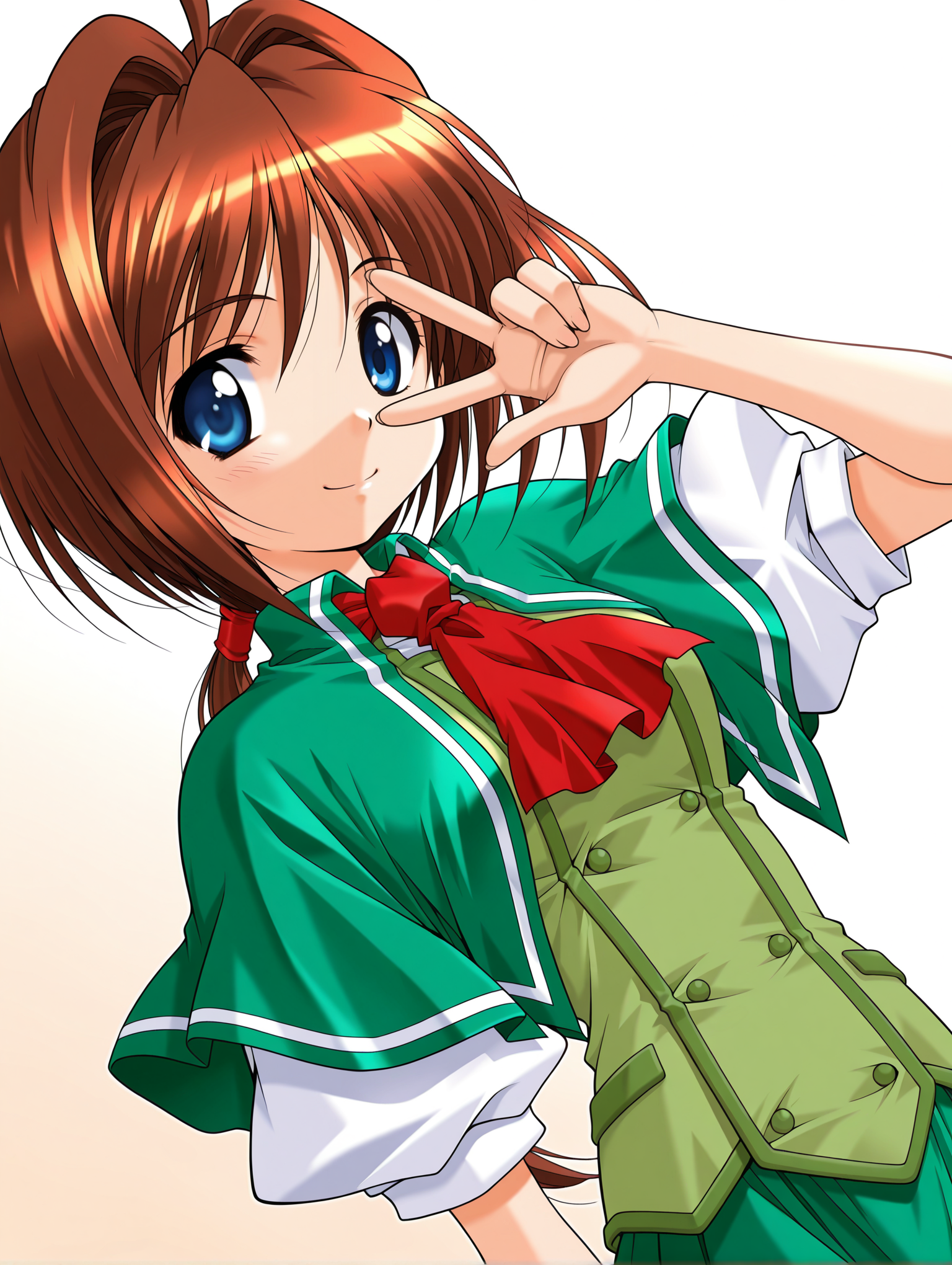 masterpiece,best quality,amazing quality,
1girl,solo,
<lora:wakatsuki_kotomi_ilxl_v1.0:1>,w_kotomo,ahoge,brown hair,blue eyes,low ponytail,
k_clothes,green capelet,ascot,green vest,puffy short sleeves,green pleated skirt,
looking_at_viewer,upper_body,face_focus,smile,white_background,simple_background,v over eye,