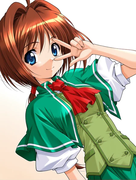 masterpiece,best quality,amazing quality,
1girl,solo,
<lora:wakatsuki_kotomi_ilxl_v1.0:1>,w_kotomo,ahoge,brown hair,blue eyes,low ponytail,
k_clothes,green capelet,ascot,green vest,puffy short sleeves,green pleated skirt,
looking_at_viewer,upper_body,face_focus,smile,white_background,simple_background,v over eye,