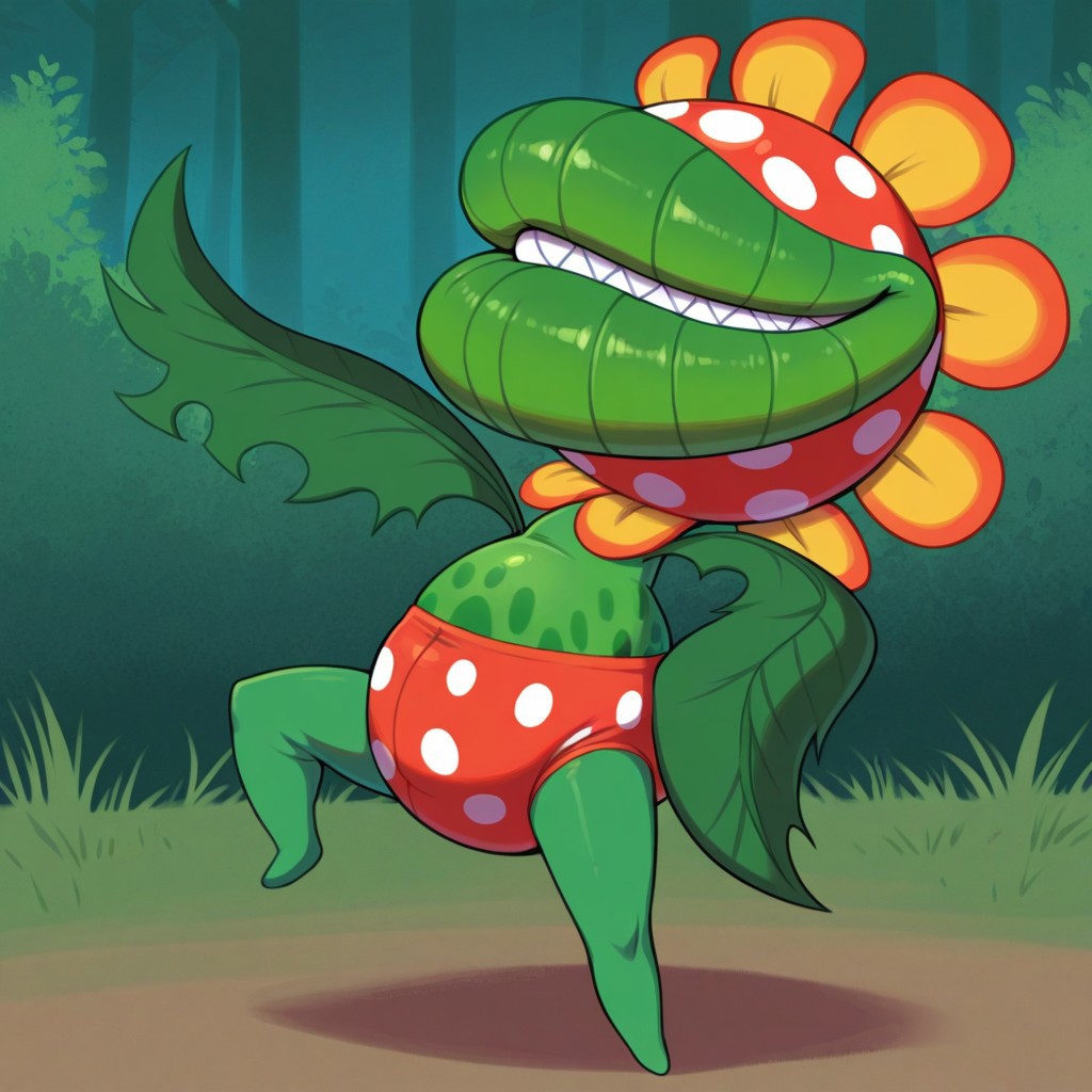 1boy, solo, male, Petey_Piranha, big head, round head, red colored head with white spots, yellow and orange flower pedals around head, no eyes, no nose, big lips, green lips, sharp teeth, all green body, dark green belly spots, short, short stubby legs, no toes, leaf arms, no hands, no fingers, underwear, red underwear with white spots, posing, dynamic pose, posing, smiling, closed mouth, shadows, full body image, outdoors, high quality, best quality, detailed, amazing shading, digital art, masterpiece, hand on hip