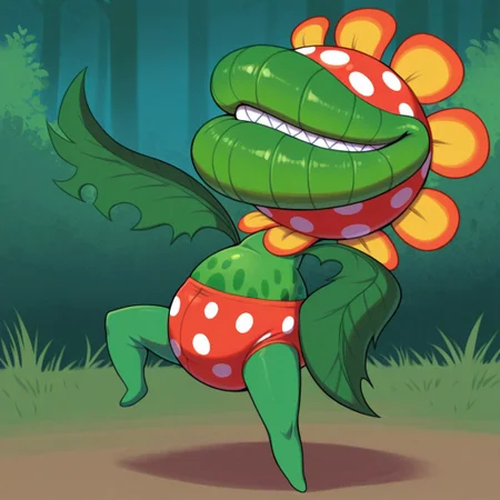 1boy, solo, male, Petey_Piranha, big head, round head, red colored head with white spots, yellow and orange flower pedals around head, no eyes, no nose, big lips, green lips, sharp teeth, all green body, dark green belly spots, short, short stubby legs, no toes, leaf arms, no hands, no fingers, underwear, red underwear with white spots, posing, dynamic pose, posing, smiling, closed mouth, shadows, full body image, outdoors, high quality, best quality, detailed, amazing shading, digital art, masterpiece, hand on hip
