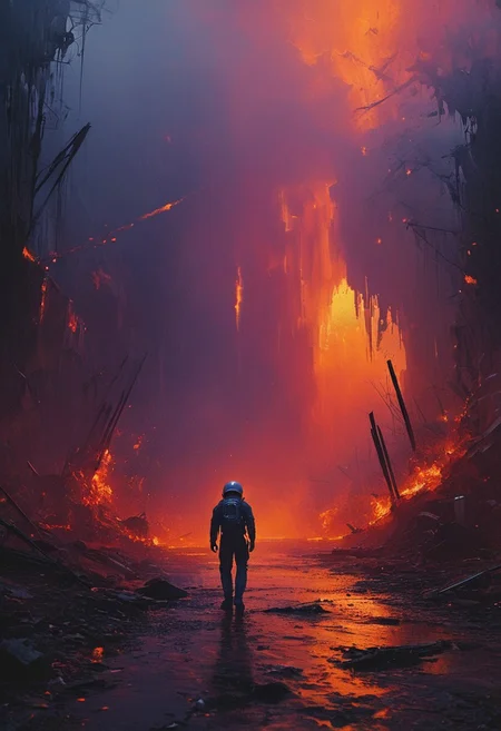 photo of astronaut walking in a old village in the background
Abstract illustration, surreal fractured landscape, twilight sky with deep indigo to fiery orange gradient, towering geometric shapes resembling shattered glass and steel beams, inner light glowing within structures, dark polished surface reflecting light, ethereal swirling fog in muted purples and blues, vibrant golds and reds in the distance, bursts of light and shadow creating dynamic contrast, white beam of light piercing the sky symbolizing memory and hope, abstract expressionism and digital futurism hybrid, bold colors with intense reds, blacks, golds, and silver, light casting long stretched shadows, broad sweeping brushstroke textures enhanced with digital precision, mist swirling at the base of the scene, radiant sky evoking reflection and honor, powerful and dramatic atmosphere, emotional tribute to 9/11 without banality or figures.