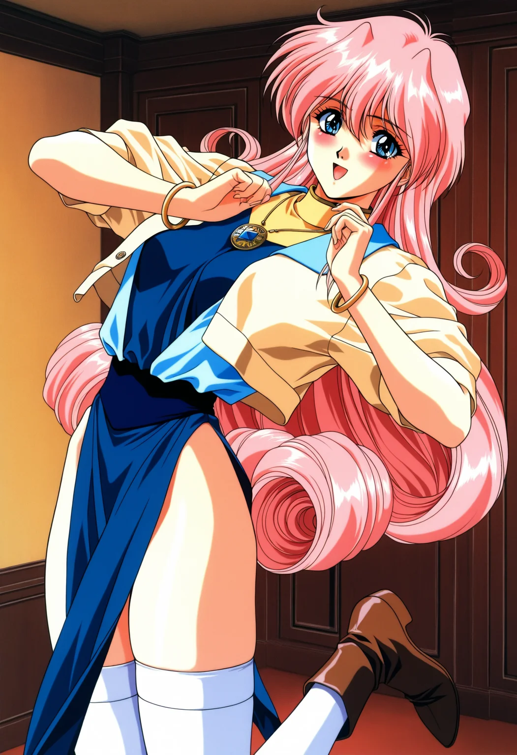 rurubell (megami paradise), rurubell, megami paradise, pink_long_hair, blue eyes,
jewelry, bracelet, necklace, (beige_short_sleeve), pendant, blue_dress, blue pelvic curtain, zettai ryouiki, white thighhighs, brown footwear, boots,
1990s (style), retro artstyle,
yoshizane akihiro
<lora:rurubell (megami paradise)_Illustrious-XL_2.0-v1:1>, masterpiece,best quality,amazing quality, 1girl, solo, standing, (dynamic pose) , blush,open mouth,light smile,
looking at viewer,(upper body, close-up),cowboy shot, upper body,
(indoors, )