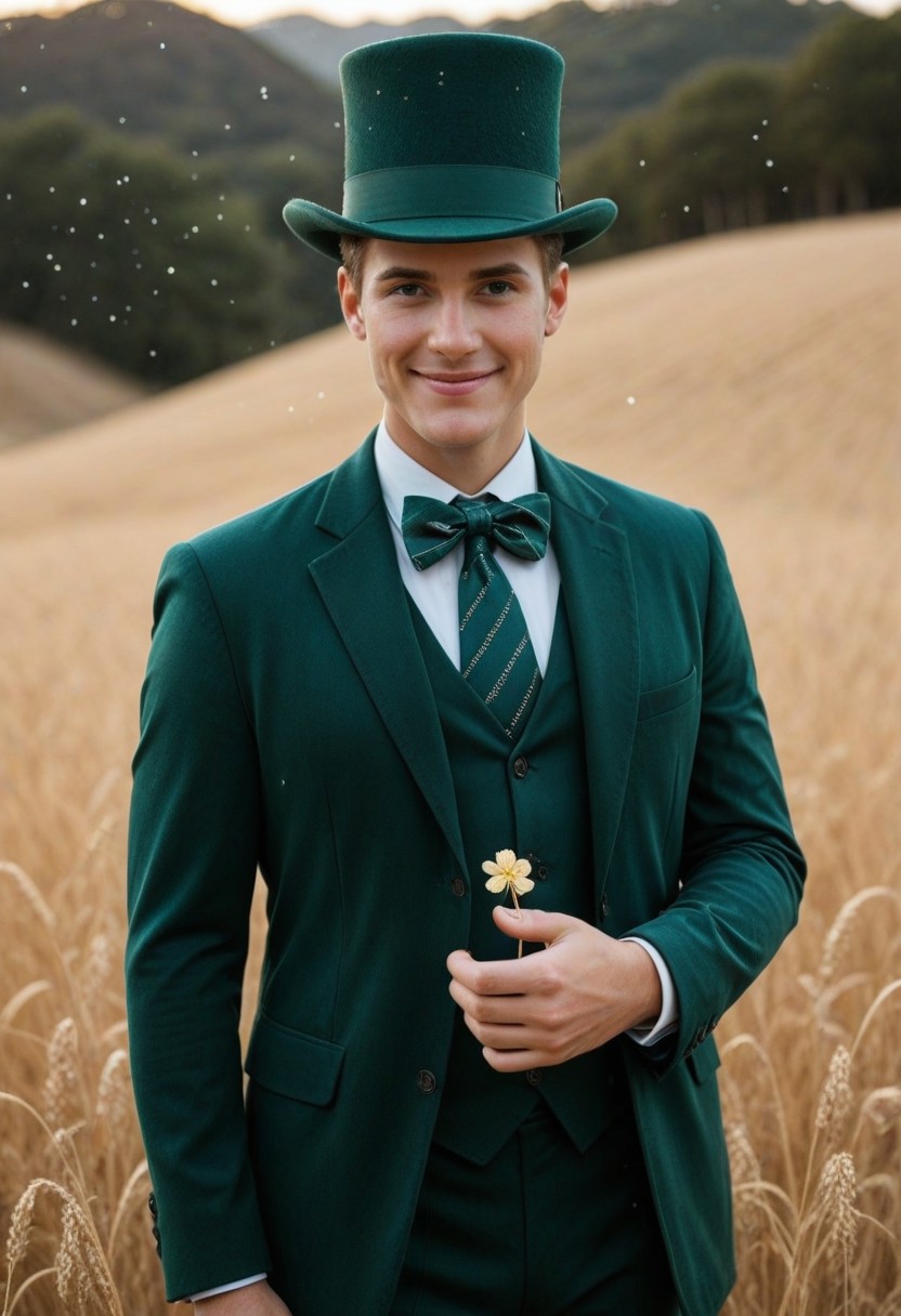 anime style portrait of a Detroit-style gender bender digital human named Connor, with striking green eyes and a subtle smile, wearing a sophisticated green corduroy suit, a glitter crop top revealing his midriff, and a green top hat adorned with a striped bow. He stands solo amidst a field of vibrant green clovers, with a prominent four-leaf clover near his hand, surrounded by ethereal light particles. Shot with a Sony a7R IV, 85mm lens at f/1.8, ISO 100, 1/200s shutter speed, bathed in soft, magical golden hour lighting, with a shallow depth of field to emphasize Connor and the clovers, creating a whimsical yet formal atmosphere.