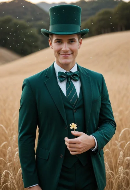 anime style portrait of a Detroit-style gender bender digital human named Connor, with striking green eyes and a subtle smile, wearing a sophisticated green corduroy suit, a glitter crop top revealing his midriff, and a green top hat adorned with a striped bow. He stands solo amidst a field of vibrant green clovers, with a prominent four-leaf clover near his hand, surrounded by ethereal light particles. Shot with a Sony a7R IV, 85mm lens at f/1.8, ISO 100, 1/200s shutter speed, bathed in soft, magical golden hour lighting, with a shallow depth of field to emphasize Connor and the clovers, creating a whimsical yet formal atmosphere.