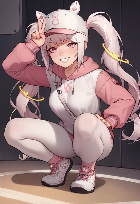 score_9, score_7_up BREAK 1girl, alicehdi, pink eyes, white hair, twintails, very long hair, floating hair ornament, white hat, fake animal ears, hair through headwear, medium breasts, white hoodie, pink sleeves, white leggings,sneakers, socks,squatting,looking at viewer,v,grin <lora:alice-nikke-richy-v2_pdxl:0.8> <lora:asura_pd:1>