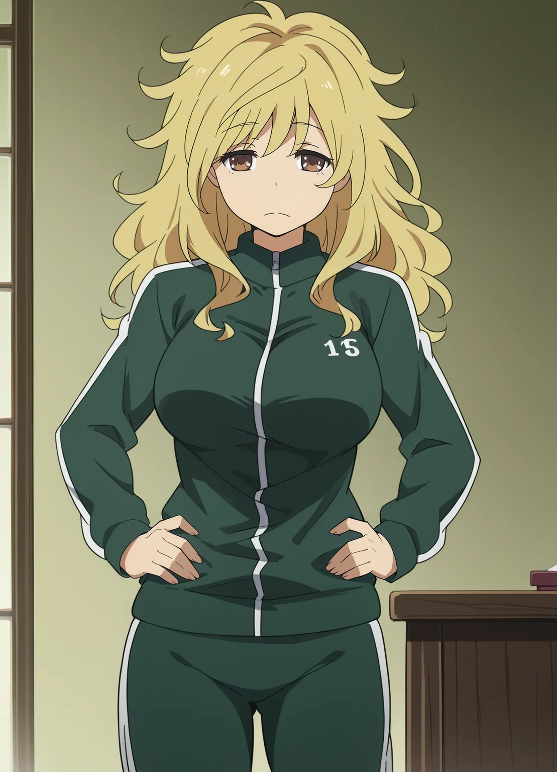 <lora:Yasuko_Takasu-Toradora:0.9>,mm,mature female,1girl,solo,long hair,blonde hair,brown eyes,large breasts,track suit, track jacket, track pants, sleepy,messy hair, looking at viewer, indoors,hands on own hips,