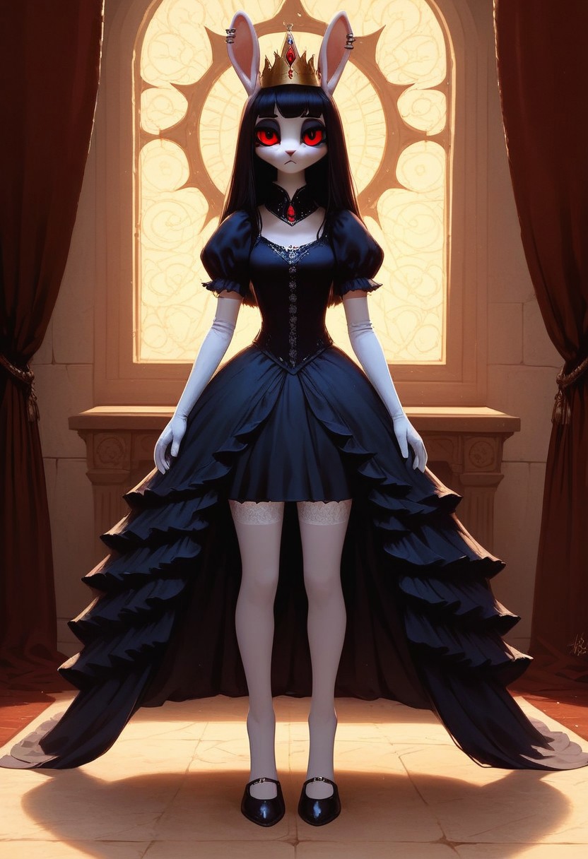 score_9, score_8_up,  (night time, in living room standing )
,(semi-realistic),(furry:2.0),
rabbit girl, (black rabbit ears:1.3, (cute face, cute), white skin, bored face,  small medium chest, short hair, (black hair:1.2), messy hair , blunt bangs, (red eyes:1.1), hair covers ear, (youthful:1.), (crown,Princess dress,Dress long gloves,White silk stockings, goth),medium boobs,
(female focus, full body:0.8),
(detailed faces1.5) ,  masterpiece, high res, (detailed eyes, Expressiveh, perfect eyes) <lora:Expressive_H:1>