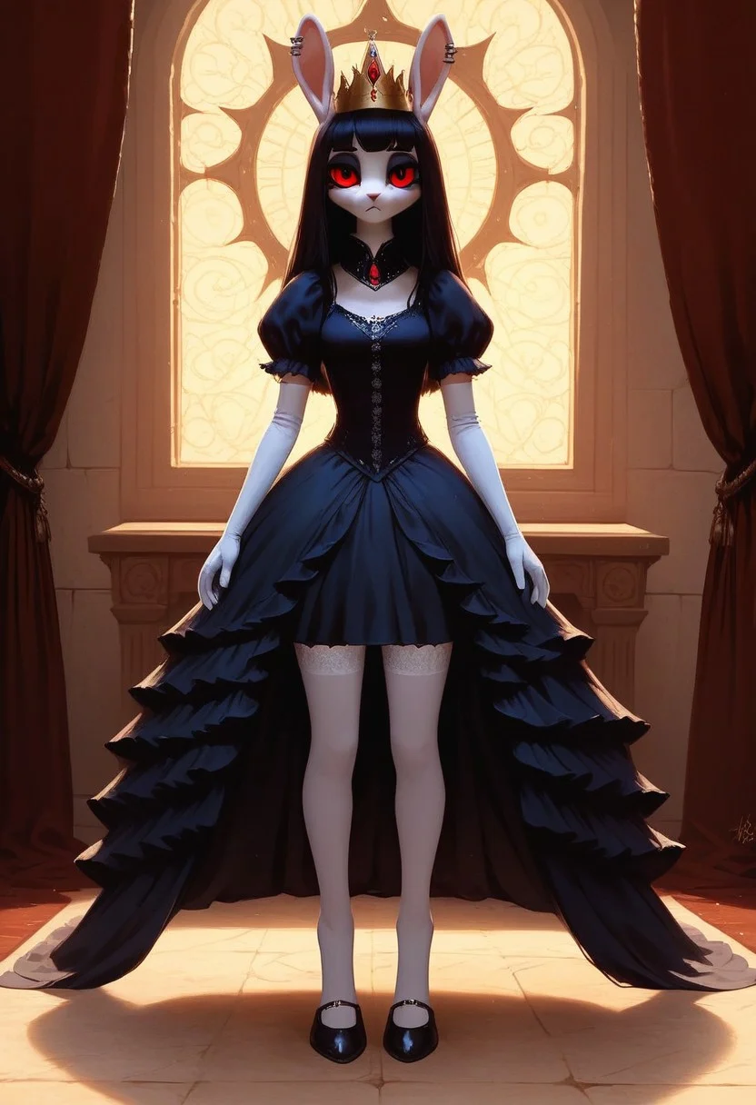 score_9, score_8_up, (night time, in living room standing )
,(semi-realistic),(furry:2.0),
rabbit girl, (black rabbit ears:1.3, (cute face, cute), white skin, bored face, small medium chest, short hair, (black hair:1.2), messy hair , blunt bangs, (red eyes:1.1), hair covers ear, (youthful:1.), (crown,Princess dress,Dress long gloves,White silk stockings, goth),medium boobs,
(female focus, full body:0.8),
(detailed faces1.5) , masterpiece, high res, (detailed eyes, Expressiveh, perfect eyes) <lora:Expressive_H:1>